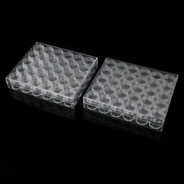 Klar plast smyckesförvaringslåda rektangulär låda 30 små runda behållare burkar 2 st