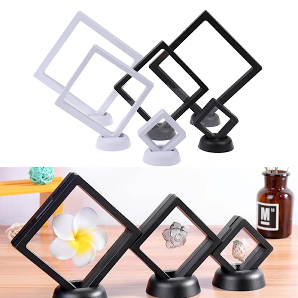Firkantet 3D Flydende Smykke Mønt Display Ramme Holder Boks Etui m/ Sort 14*14*2cm Black