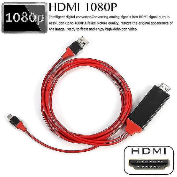 (Rød) 2M Lightning til HDMI-kabel HDTV-adapter til iPhone 11 Pro X Xr Xs 8 7 Plus