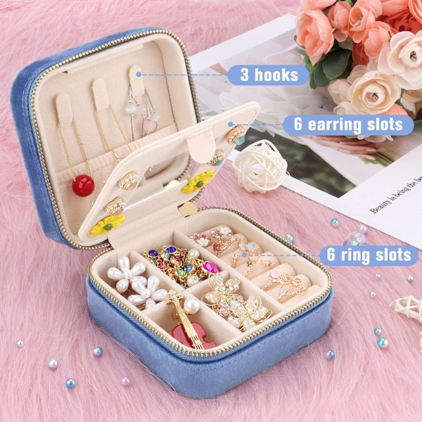 Mini Rejse Smykkeskrin i Fløjl med Spejl, Rejse Smykkeopbevaring Organizer, Lille Smykke Organizer Opbevaring til Ringe Øreringe Halskæder Armbånd Blue