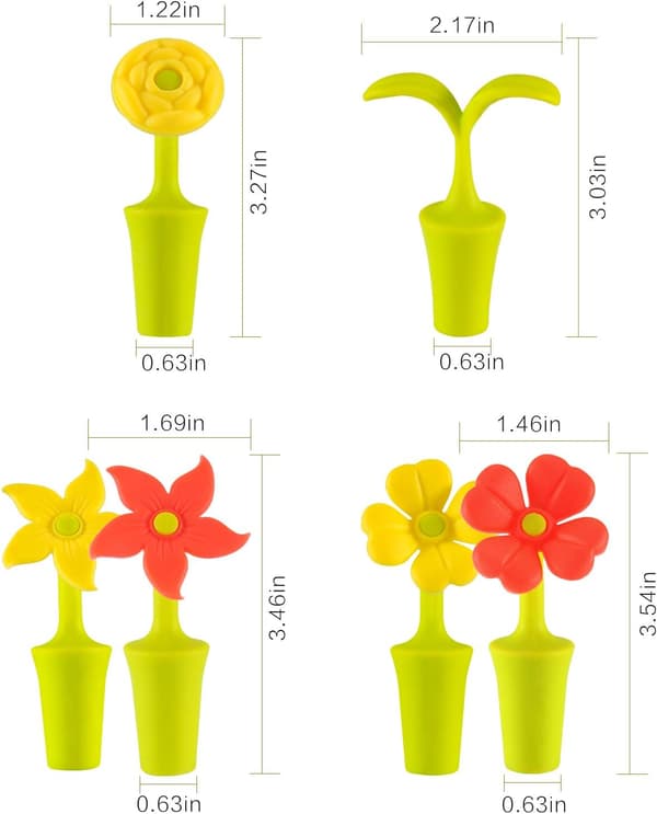 Vinpropper til vinflasker - Silikoneforseglede flaskehætter - Diameter 0,63 tommer - Korkerstatning - Sæt med 6 søde farvede blomster
