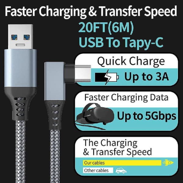 Länkkabel för Oculus Quest 2 Snabbladdning och dataöverföring USB C 3.2 Gen1 5Gbps PD Överföringsladdningskabel VR Headset Länkkabel Grå 5M Grey