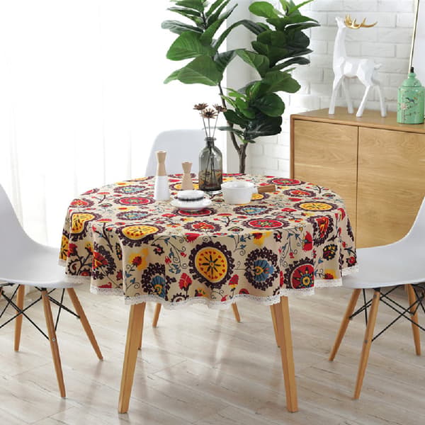 Bohemsk rund duk, blomstret vaskbar duk, blonde