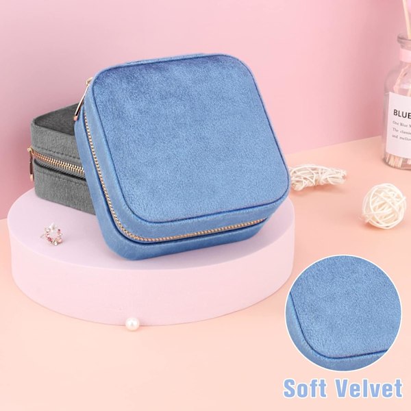 Mini Rejse Smykkeskrin i Fløjl med Spejl, Rejse Smykkeopbevaring Organizer, Lille Smykke Organizer Opbevaring til Ringe Øreringe Halskæder Armbånd Blue