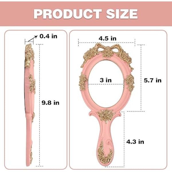 Vintage käsipeili kahvalla - Söpö prinsessa vaaleanpunainen ruusu kosmeettinen käsipeili pink
