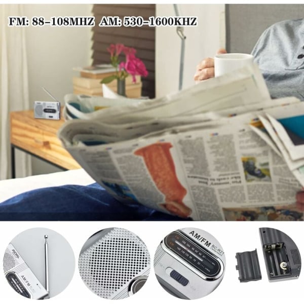 Bärbar radio liten radio Silver FM/AM (MW), extra stor ratt, mini radio med inbyggd högtalare, batteridriven