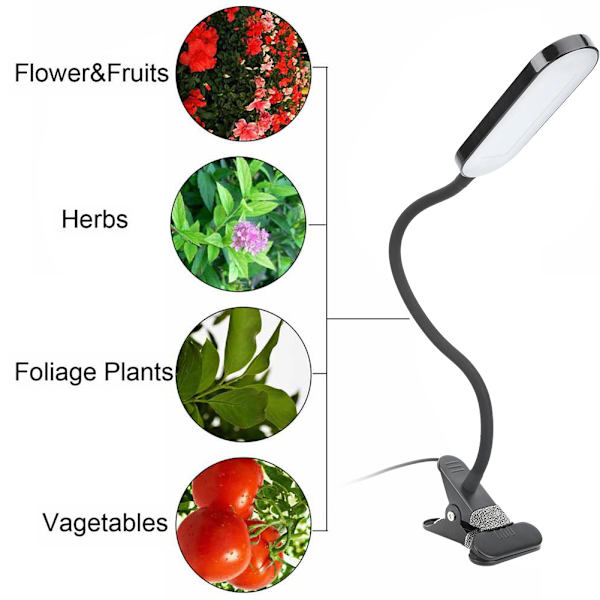 5W Säädettävä LED Kasvivalo puristimella vihannesten ja kukkien kasvatukseen, musta