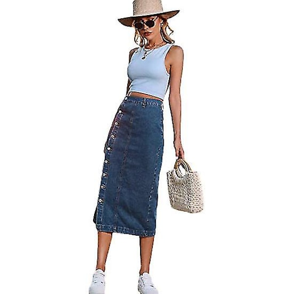 Dam Casual Hög Midja Enfärgad Knäppt Denim Jeanskjol Blå 3XL Blue