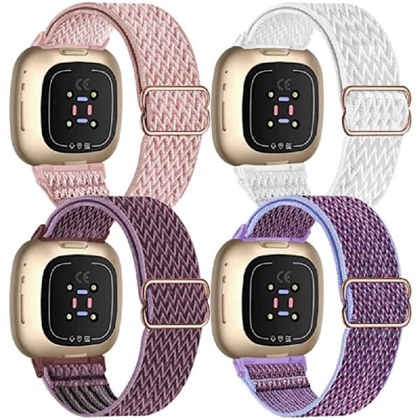 4-delat elastiskt nylonband kompatibelt med Fitbit Versa 3 / Fitbit Sense, justerbart elastiskt tyg smartklocka sportband (Rosa/Vit/Rökig)