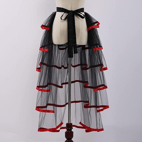 Viktoriansk Steampunk-nederdel med 6-lags bindebælte i dæk black and red