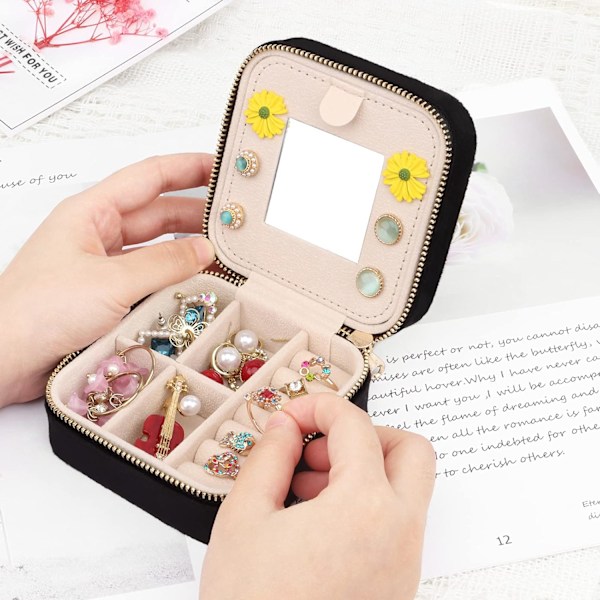 Mini Rejse Smykkeskrin i Fløjl med Spejl, Rejse Smykkeopbevaring Organizer, Lille Smykke Organizer Opbevaring til Ringe Øreringe Halskæder Armbånd Black