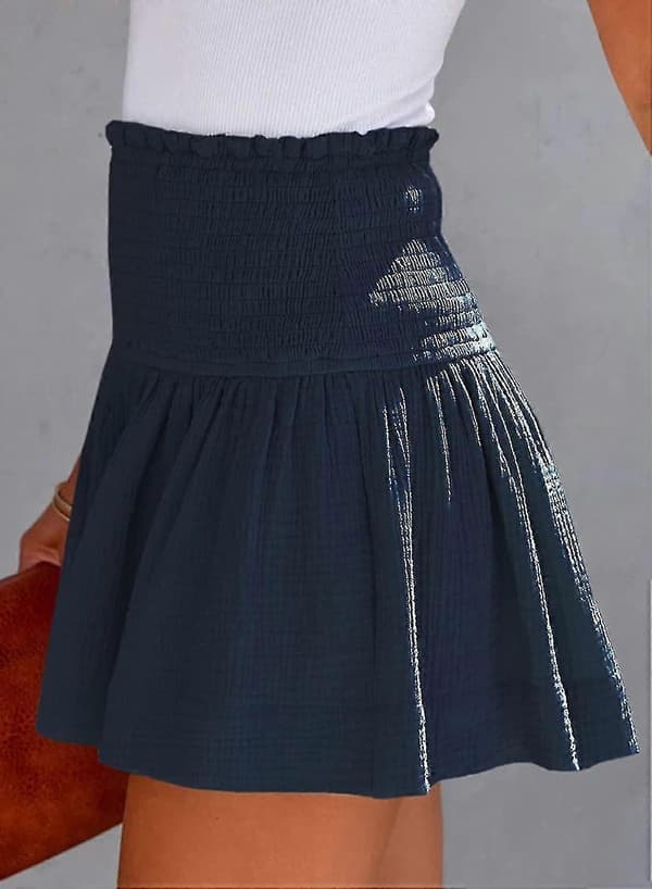 Kvinders Shorts Bomuld Høj Elastisk Talje Plisseret Flæse Søde Shorts Strand Flydende Afslappede Shorts S-XL Blå Blue Medium