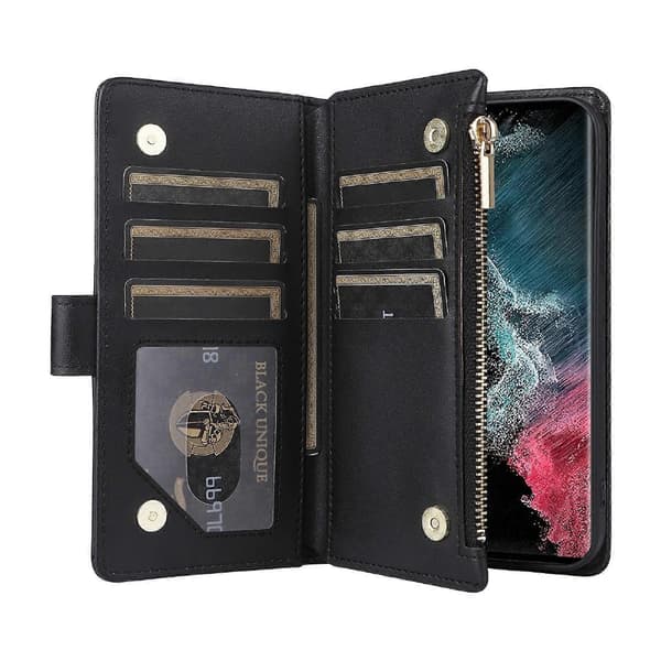Læder lynlås pung etui til Samsung Galaxy S22 Ultra 5G [DB] Black