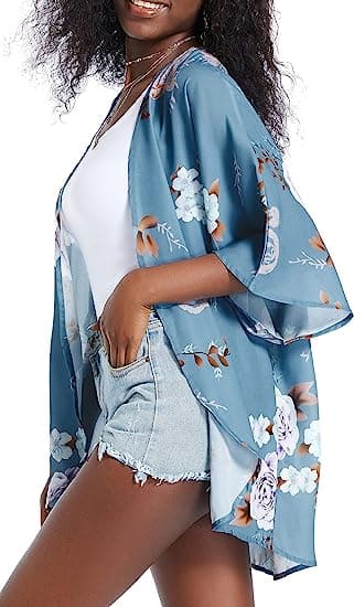 Kimono-kofta för kvinnor med blommigt tryck och puffärmar, blå fallande löv Blue Falling Leaves M
