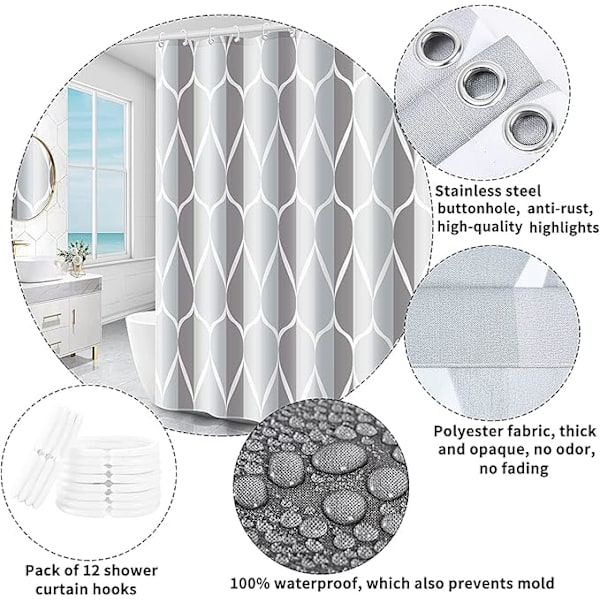 Dusjforheng 180 x 180 cm 100 % polyester med ringer, antimugg