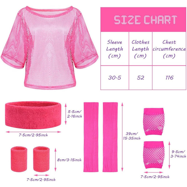 80-luvun neonväriset juhla-asusteet, 1980-luvun retro-teemajuhlien koristeluasut naisille ja tytöille - Ruusunpunainen Set - Rose Red One size