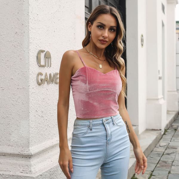 V-ringad crop top med sammetsband, ärmlös topp pink,S