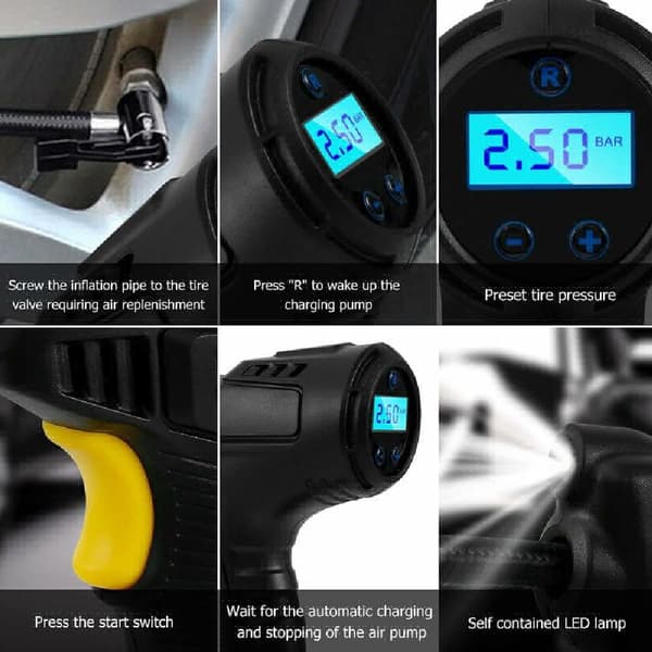 Bärbar Däckpump 120W Luftkompressor för Bilar Motorcyklar Cyklar med Digital Tryckmätare 2000mAh Batteri
