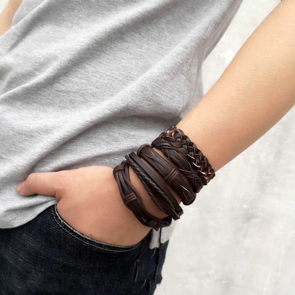 5-pak Håndlavede Læderarmbånd Herrearmbånd Brun brun brown