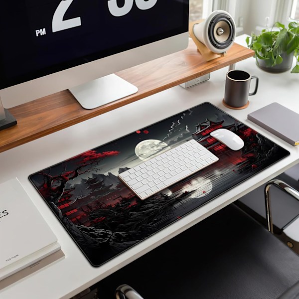 Japansk Skrivebordsmatte Fullmåne Skrivebordsunderlag Svart Rød 31,5 x 15,7 tommer Musematte Gaming Musematte Utvidet Tastaturmatte Laptop Com
