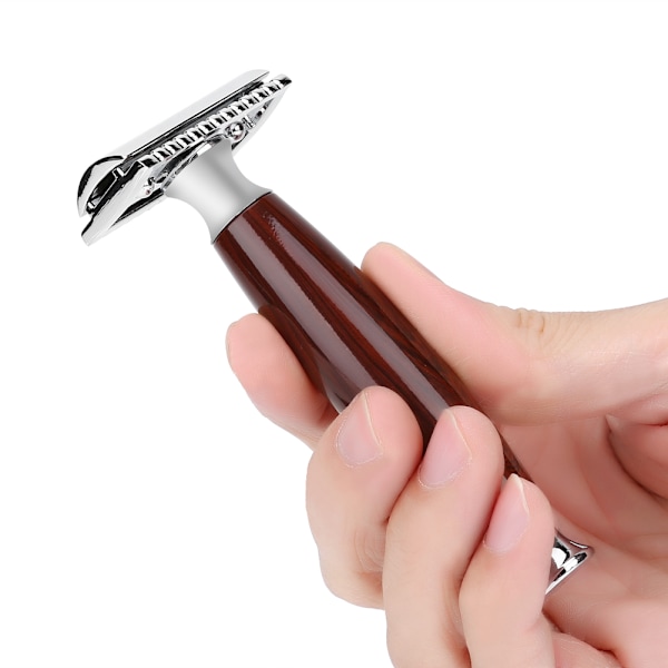 Klassisk Dobbelblad Barberhøvel for Menn - Sikker Barbering av Skjegg med Trehåndtak