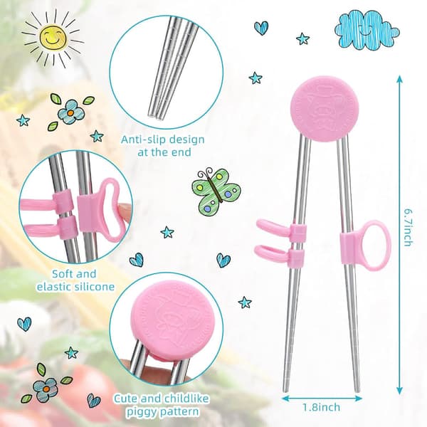 Træningsspisepinde til børn og voksne, spisepinde i rustfrit stål, genanvendelige metalspisepinde (blå, pink)
