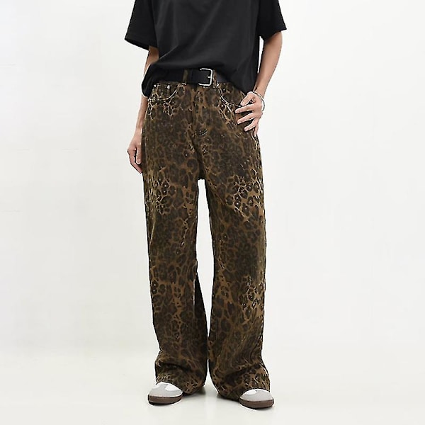 Tan Leopard Jeans Dame Denim Bukser Kvinners Oversize Vidbenet Bukser Y M