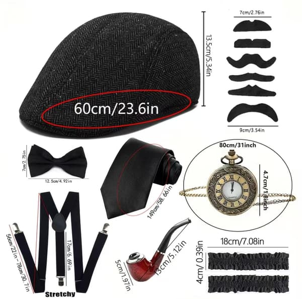 Coolt 1920'er sæt til mænd med hat, lommeur, seler og slips Flat Cap — Black Grey