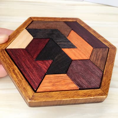 Hexagon Tangram Träpussel för vuxna och barn - Hjärnträning [JSR]
