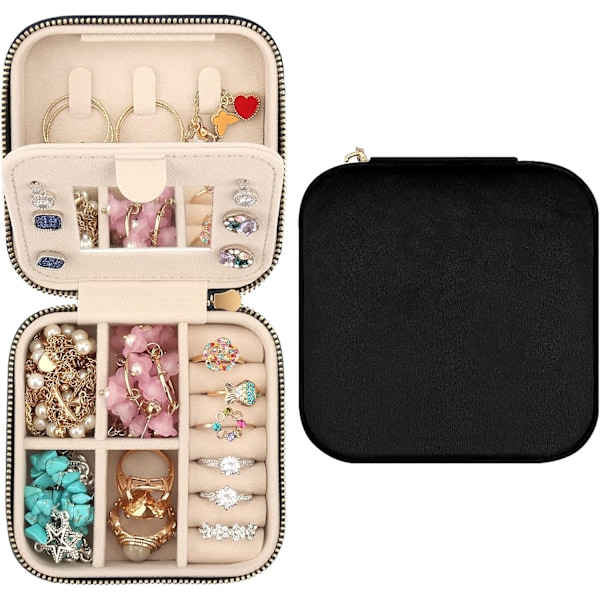 Mini Rejse Smykkeskrin i Fløjl med Spejl, Rejse Smykkeopbevaring Organizer, Lille Smykke Organizer Opbevaring til Ringe Øreringe Halskæder Armbånd Black