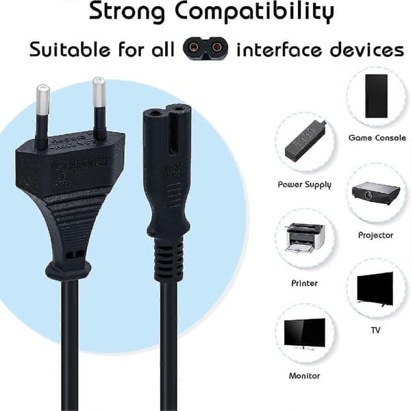 1,5 m strømkabel EU-stik C7 Bipolar 2-polet kabel til PS5 / PS4 / PS3 / Xbox Series X / S - Sort Bedste gave
