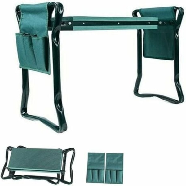 Folding Garden Stool, Folding Garden Kneeling Bench, Folding Sitting Kneeling Bench with 2 Work Bags, Green - Green sjx