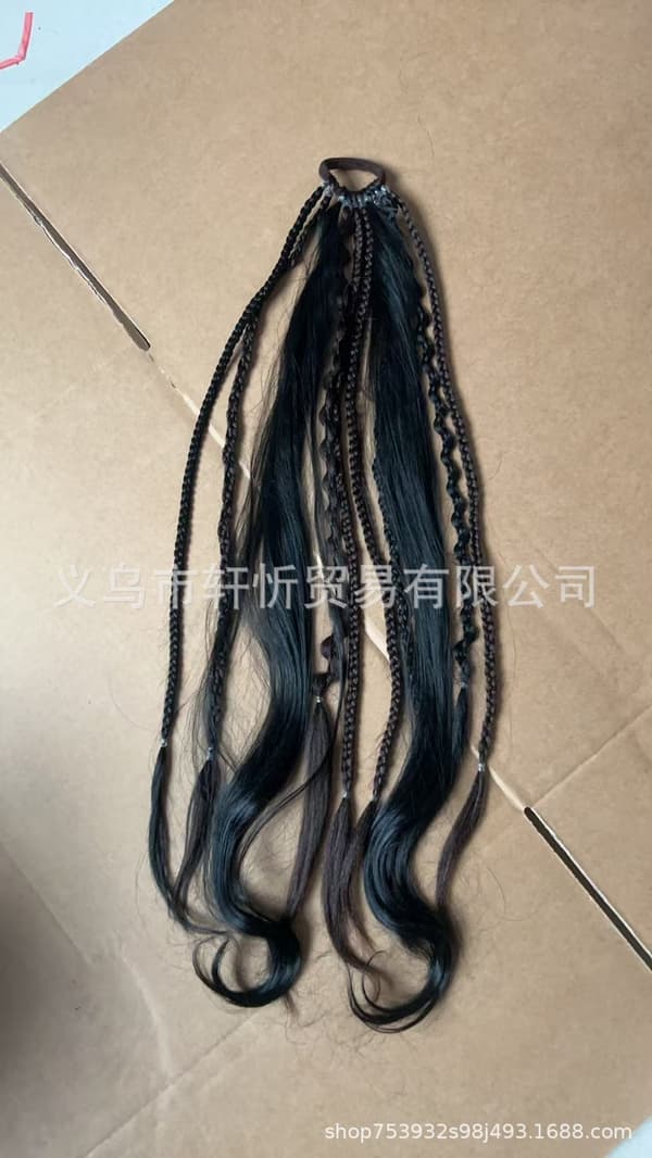 Elastisk Dread Ponytail, med Hårrep, Boho Flätad Ponytail Extension, med Pärlor, Snäckor och Berlocker, Handflätad Lång Dreadlock Ponytail Black