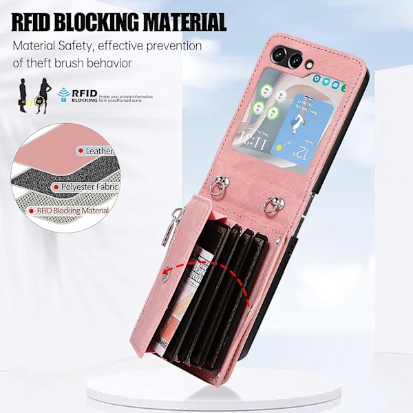 Plånboksfodral för Samsung Galaxy Z Flip 6 med axelrem, kortfack, stativ och läderfodral pink