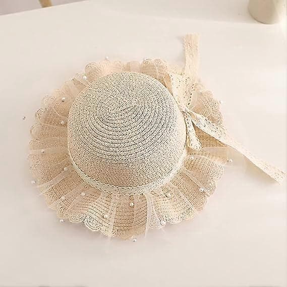 Sommerhat til piger, solbeskyttelse, visir, foldbar, bred skygge, sløjfe, strandhat til 2-8 år Beige