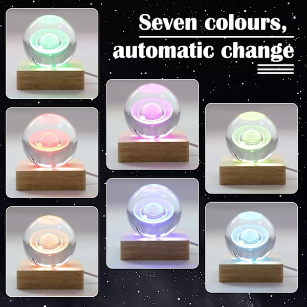 3D Planet Krystallkule Nattelys, USB 6cm Saturn Krystallkule Lampe, Nattelys Glassplaneter Lampe med LED Fargerikt Nattelys Saturn