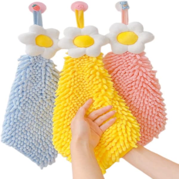 3-pack Chenillehanddukar, kökshanddukar med ögla, hängande handduk