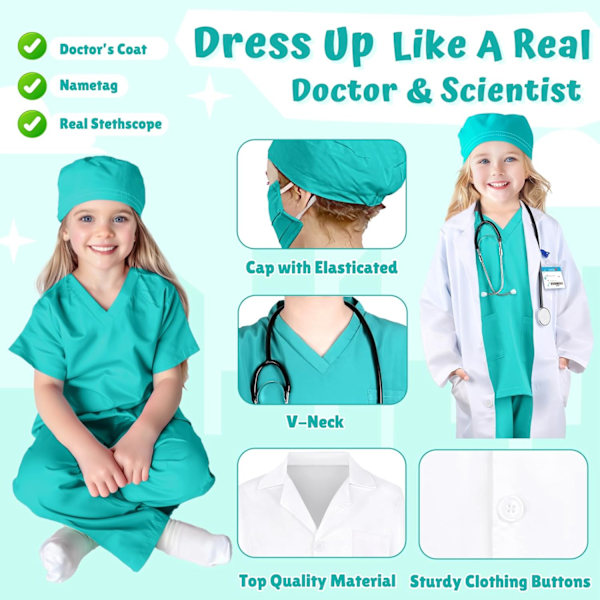 Lægeudklædning til børn - Scrubs, Stetoskop, Kitel - Halloweenkostume, Erhvervsdagskostume til piger 3-12 år 9-11 Years 9-11 Years Green
