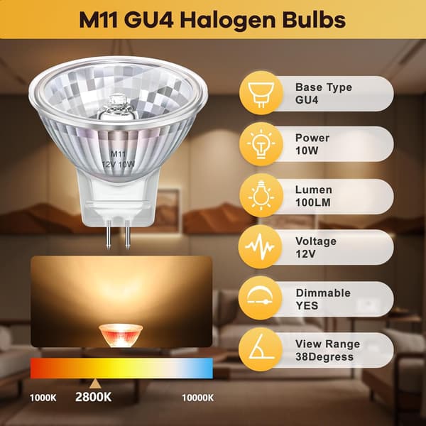 8-pakning GU4 MR11 Halogenpærer 12V 10W, 2800K Varmhvit Dimbar