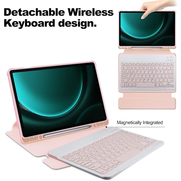 Kotelo Samsung Galaxy Tab S9 FE Plus -tabletille, jossa Bluetooth-näppäimistö ja pyörivä tablettipidike Pink