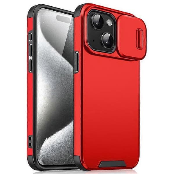 Kompatibelt deksel til iPhone 15 med skyvbart kameradeksel PC+TPU beskyttende telefondeksel (rød)