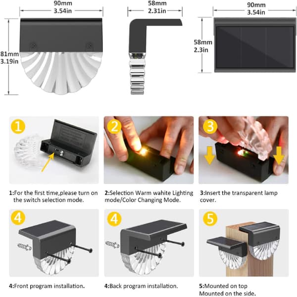 Udendørs solcellelamper, solcellehegnslamper, varm hvid/farve, IP65 vandtæt solcelle LED væglampe (4-pak)