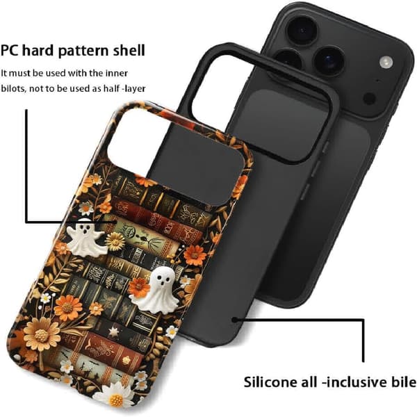 til iPhone 17 Pro Max - Slankt ridsefast telefoncover til piger kvinder - Søde spøgelser bogreol efterårsblomster (blank)