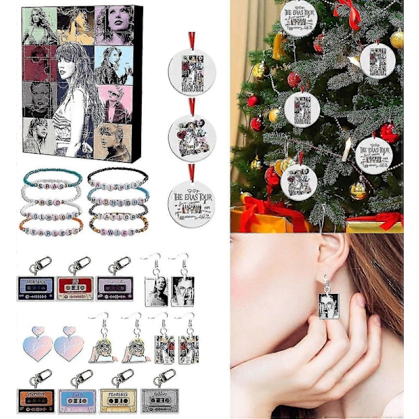 Taylor The Swift Julekalender med 24 Stykker Gave Juleakryl Dekoration og Armbånd Overraskelse Julefavoritter A
