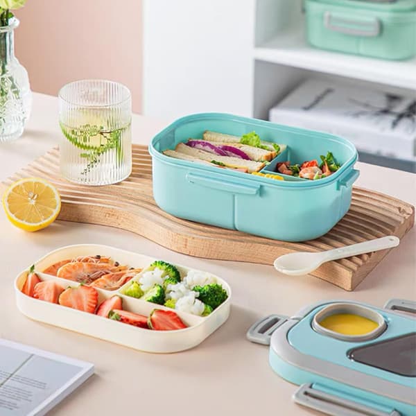 Stor Bento Box til voksne med salatbeholder og bento-stil toppingbakke - Inkluderer genanvendelig gaffel (blå) blue