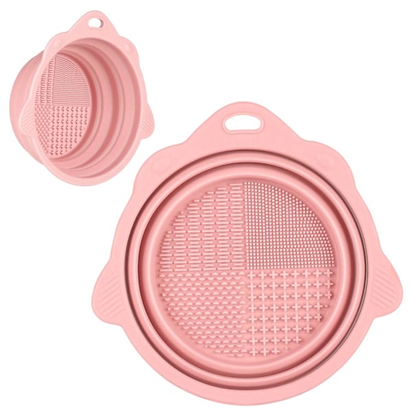 Collapsible Silicone Makeup Brush Cleaning Bowl - Portable Cleaning Tool for Brushes, Powder Puffs and Sponges (Pink)