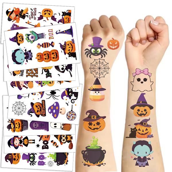 Halloween-midlertidige tatoveringer for barn - 10 ark med Halloween-tatoveringer for jenter og gutter til å bruke på Halloween Halloween series (10 pieces/pack)