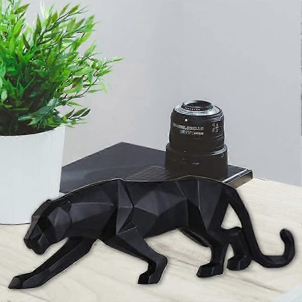 Panterskulpturprydnad, staty modern geometrisk hartsleopardprydnad - svart, stor, 44 cm