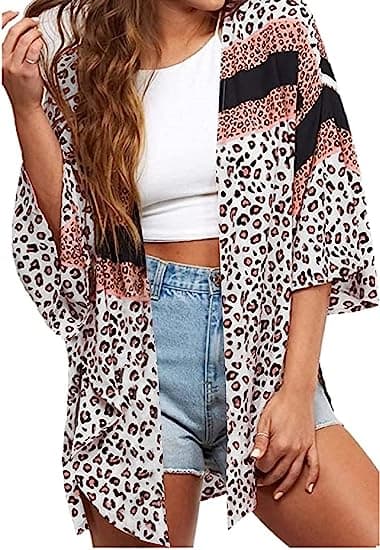 Kimono-kofta för kvinnor med blommigt tryck och puffärmar, leopardmönster Leopard print M