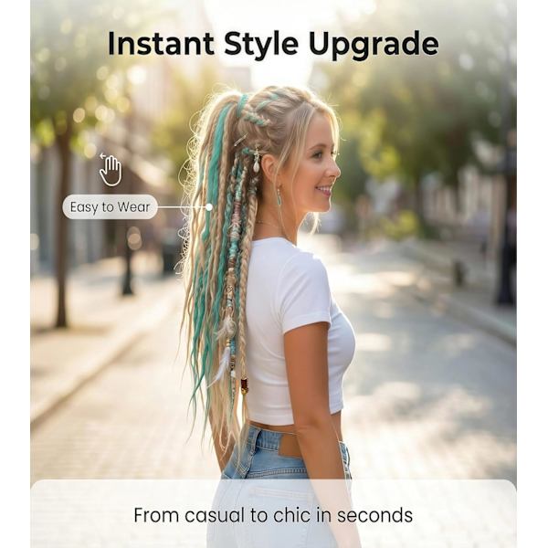 Elastisk Dread Ponytail, med Hårrep, Boho Flätad Ponytail Extension, med Pärlor, Snäckor och Berlocker, Handflätad Lång Dreadlock Ponytail White